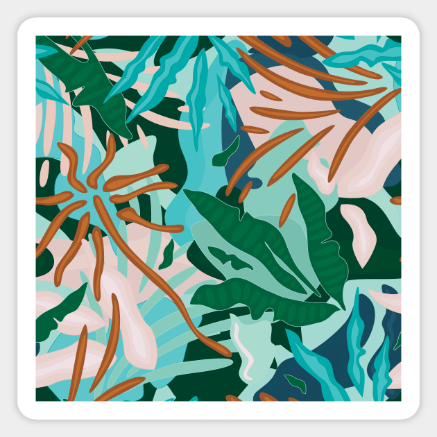 Abstract Tropical Jungle / Turquoise, Green, Sand and Light pink Sticker by matise